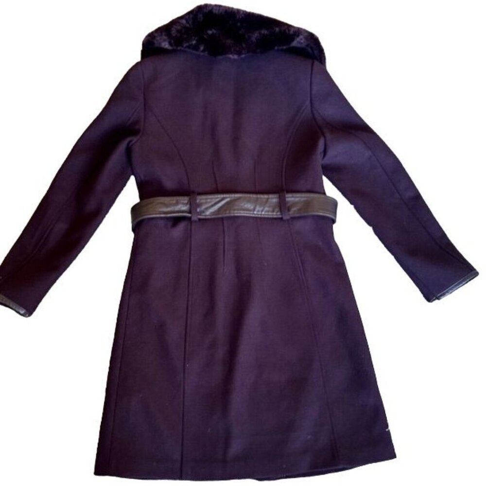 Nine West Women's Purple Wool Blend Long Coat With Faux Fur Collar & Belt XS - Picture 2 of 10